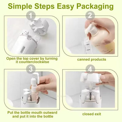 Instructional graphic titled 'Simple Steps Easy Packaging' showing four numbered panels with hands demonstrating how to open, fill, and close a white pump bottle adapter. The panels include labeled steps and small inset photos on a pale green background.