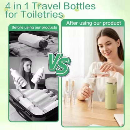 Comparison of 4-in-1 travel bottles before and after use, with a woman using the product.