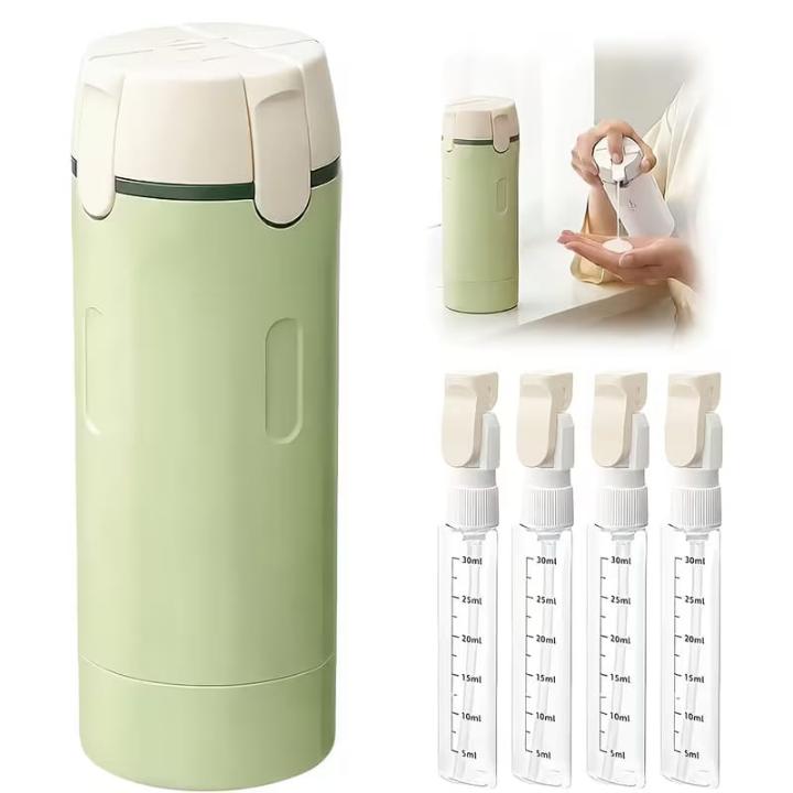 A light green travel water bottle with a cream-colored flip-top lid, shown alongside three clear measurement bottles with matching cream lids and a small inset photo of a person using the bottle to dispense liquid.